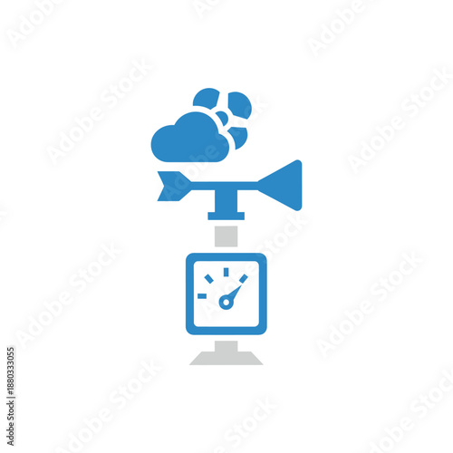 A blue and grey icon depicting a weather station with an anemometer, a gauge, and a cloud.