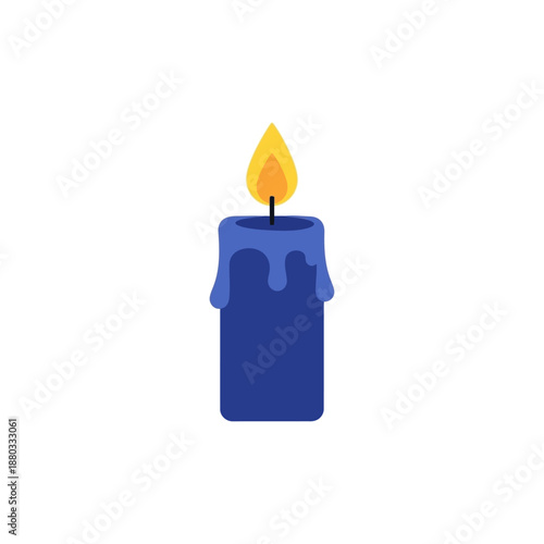A simple flat vector illustration of a burning blue candle with melting wax on a white background.