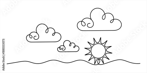 Continuous line drawing of three clouds and sun in minimalist art style Vector, illustration