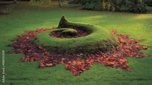 Green Grass Labyrinth with Autumn Leaves in a Lush Field Sunlit Outdoor Scenery Featuring Red and Orange Foliage Creating an Ornamental Garden Design