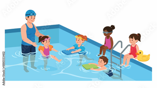 Group of children having fun swimming lesson with instructor