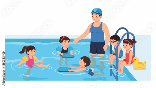 Kids learning to swim with instructor in public pool