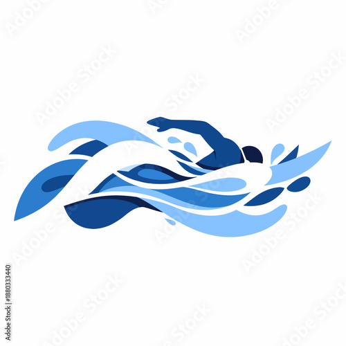 Stylized swimmer silhouette in dynamic water wave pattern