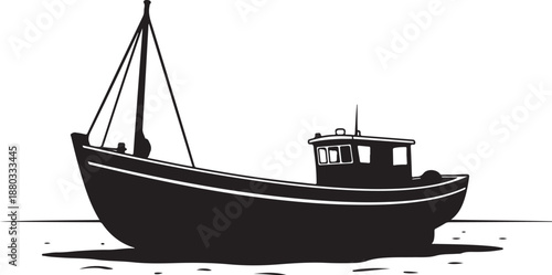 Simple black silhouette of a small fishing boat vessel