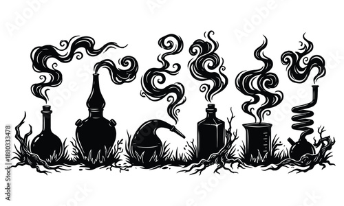 Alchemy bottles with magical smoke – vintage occult laboratory illustration