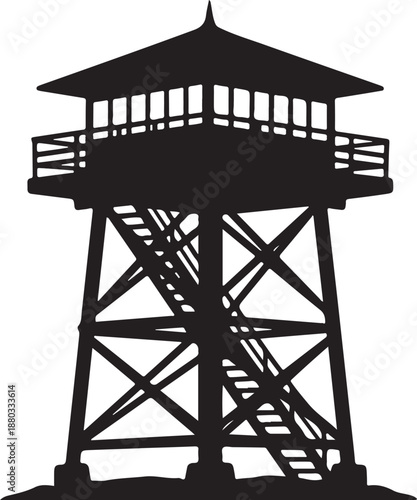 Silhouette of a tall observation tower with railing details
