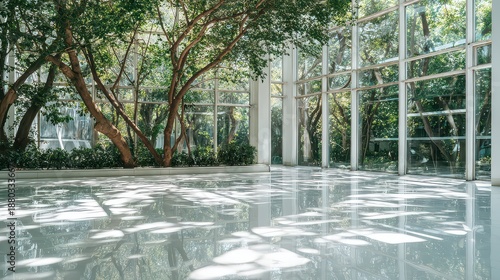 Interior of Spacious Modern Hall with Polished White Floor and Glass Walls Showcasing Green Foliage and Trees Bathed in Natural Sunlight Creating Serene Atmosphere