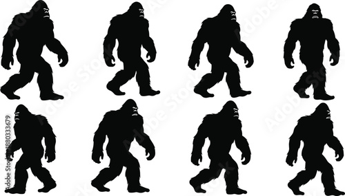 Bigfoot silhouette walking set showing sasquatch poses isolated on white background mythical cryptid creature illustration vector design collection