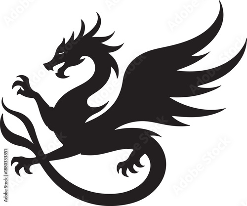 Black silhouette of a majestic dragon with outstretched wings and prominent claws, featuring a fierce expression.