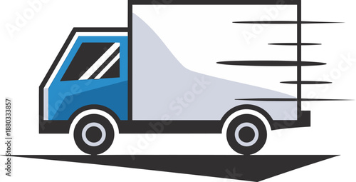 Blue gray delivery truck, fast shipping, logistics motion, cargo transport, express service, speed lines, modern vehicle, shadow effect, transportation graphic, minimal design