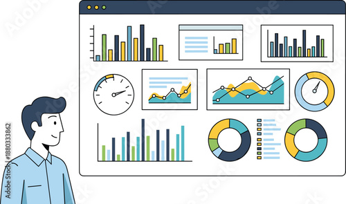 Business analytics dashboard illustration, data visualization charts and graphs, performance analysis interface, financial statistics, marketing report, modern data analysis concept
