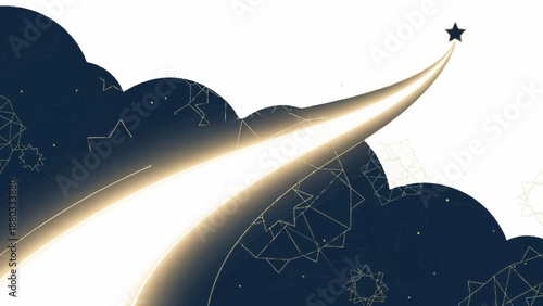 Shooting star streaks across the night sky through clouds with constellations, a celestial display