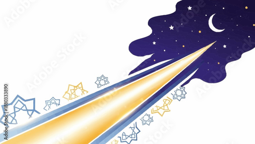 Shooting stars and a crescent moon in a night sky illustration with vibrant colors and dynamic movement