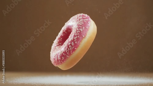 Flying donut in bright studio, sugar dust separated like sparkles