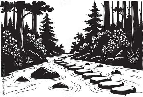 Serene forest landscape with winding river and stepping stones