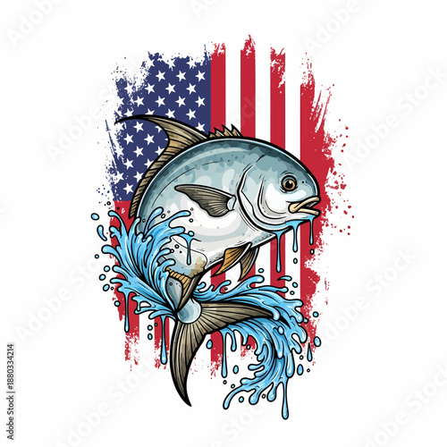 Permit fish with splashing water and American flag background for fishing tournament or apparel