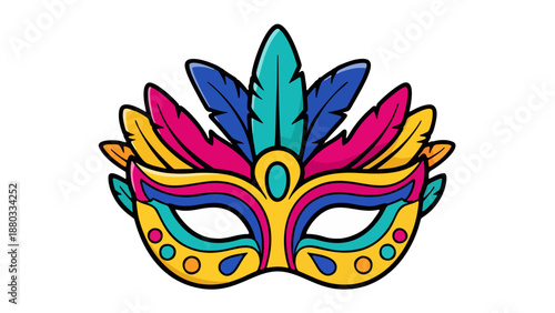 Vibrant carnival mask illustration with colorful feathers and decorative patterns viewed from the front.