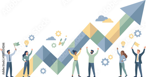 Business growth success illustration teamwork celebrating rising arrow chart strategy achievement analytics progress corporate development flat vector design