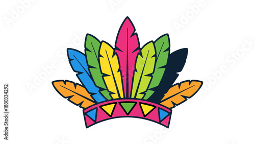 Vibrant illustration of a feathered headdress with colorful plumes and decorative elements, showcasing cultural heritage and traditional attire