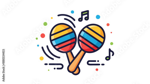 A pair of maracas surrounded by colorful shapes and music notes in a lively illustration