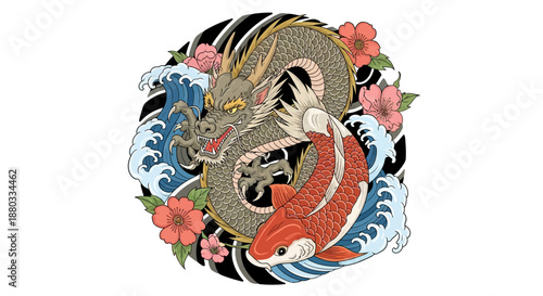 Intricate dragon and koi fish illustration symbolizing power and harmony in traditional Asian art