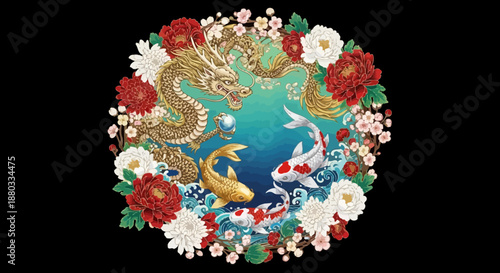 Intricate Asian-inspired dragon and koi fish surrounded by vibrant flowers and ornate design