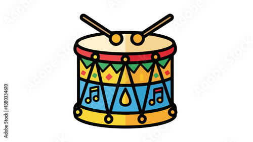 Vibrant drum illustration with drumsticks on a simple background from a straightforward viewpoint