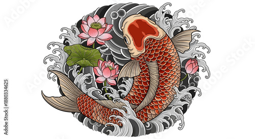 Traditional Japanese Koi Fish Tattoo with Lotus Flowers and Waves in Vivid Colors