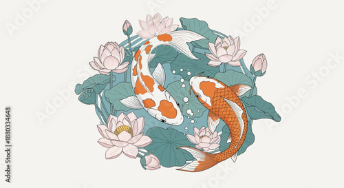 Elegant Koi Fish Swimming Among Lotus Flowers in a Serene Water Scene