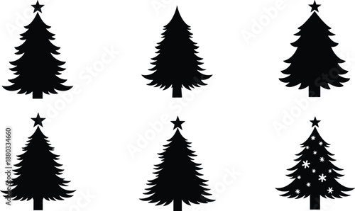 Christmas tree silhouette set with star decoration isolated on white background winter holiday festive illustration vector design collection
