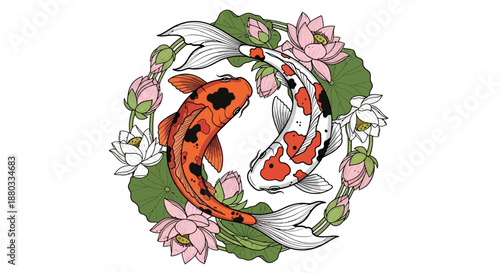 artistic illustration of koi fish swimming in a circular pattern surrounded by water lilies and