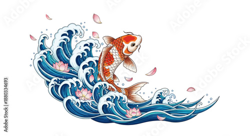Traditional Japanese Koi Fish and Wave Illustration with Pink Petals in Water