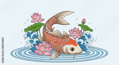 Beautiful koi fish swimming among pink lotus flowers and water lilies in a serene pond scene