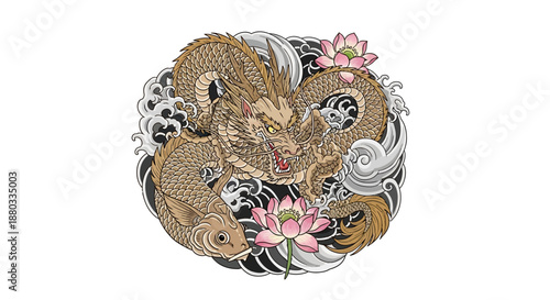 Traditional Asian dragon intertwining with koi fish and pink lotus flowers in a dynamic and