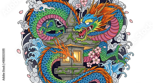 Vivid traditional Asian dragon tattoo design featuring detailed scales and fiery breath in vibrant