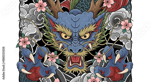Colorful traditional Asian dragon illustration with floral accents and dynamic features