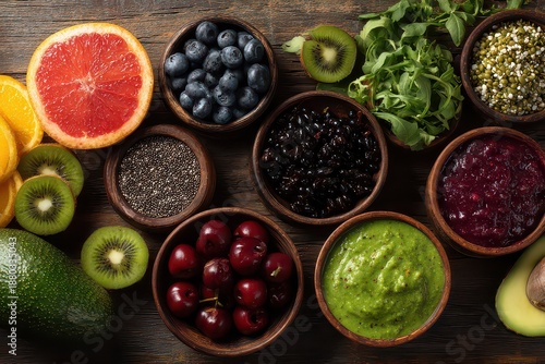 Overhead Shot Assorted Fruits And Seeds Arranged in Wooden Bowls On Wood Table With Orange Slices Kiwi Fruit Grapefruit and Green Vegetables