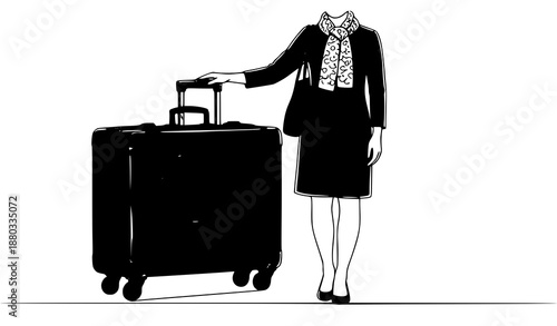 Continuous line drawing of traveler woman sitting with luggage vector illustration