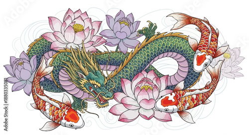 Traditional Asian-inspired dragon and koi fish surrounded by blooming lotus flowers in vibrant
