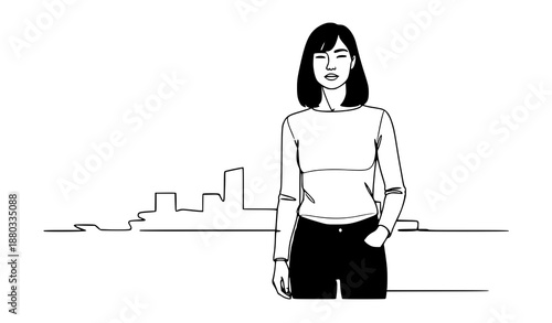 Minimal continuous line traveler woman with luggage vector illustration concept