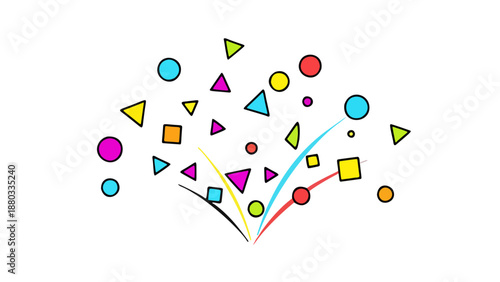 A vibrant explosion of colorful abstract geometric shapes, playfully drawn like confetti, creating a dynamic and festive burst of joy and celebration, ideal for lively design elements