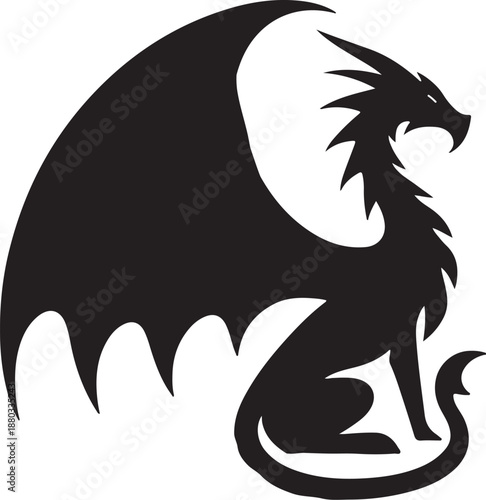 A striking black silhouette of a mythical dragon with large wings, sharp features, and an open jaw, depicted in a powerful sitting pose.