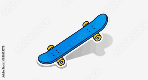 Stylized cartoon skateboard illustration with vibrant blue deck and yellow wheels