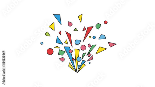 A vibrant explosion of geometric shapes creating an abstract concept of festive energy and dynamic celebration, perfect for expressing joy and creative bursts