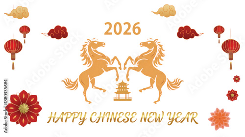 Vector illustration gold calligraphy text : Happy Chinese New Year 2026 greeting card, Lunar and spring festival celebration, Year of the fire horse, frame border banner luck prosperity symbol concept