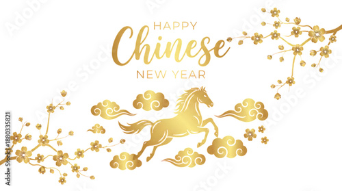 Vector illustration gold calligraphy text : Happy Chinese New Year 2026 greeting card, Lunar and spring festival celebration, Year of the fire horse, decoration, ornament, luck prosperity symbol