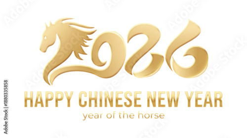 Vector illustration gold calligraphy text : Happy Chinese New Year 2026 greeting card, Lunar and spring festival celebration, Year of the fire horse, logo design, luck prosperity symbol concept