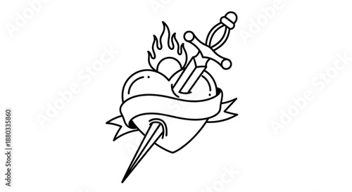 Heart with Sword and Flames Illustration Symbolizing Strong Emotions and Passion