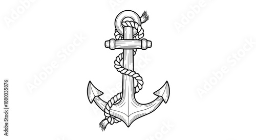 Detailed black and white illustration of an old-fashioned anchor intertwined with a rope