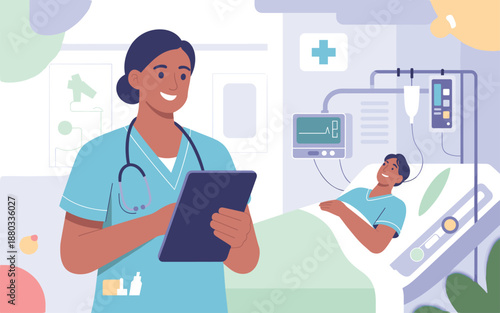 Doctor and patient healthcare illustration hospital medical treatment concept nurse using tablet modern clinic interior flat vector design